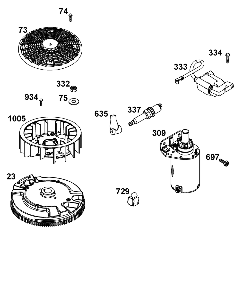 Flywheel, Ignition, And Starter Group Diagram and Parts List for 44S977-0050-G1 400000 - 699999 Briggs and Stratton Engine